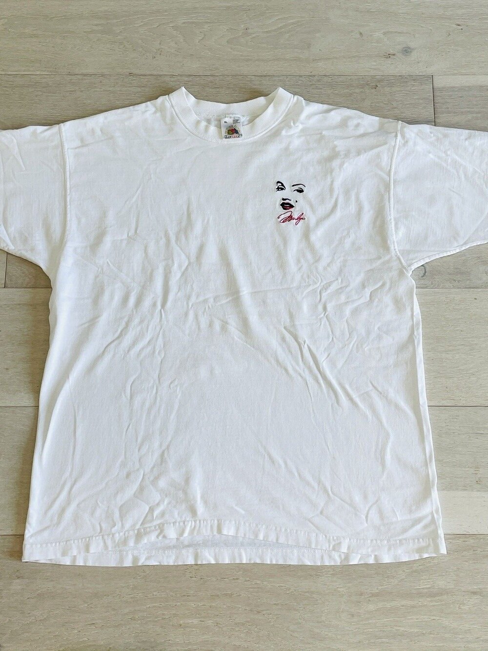Vintage Marilyn Monroe T-Shirt Embroidered Face Signature Red Lips White Men XL